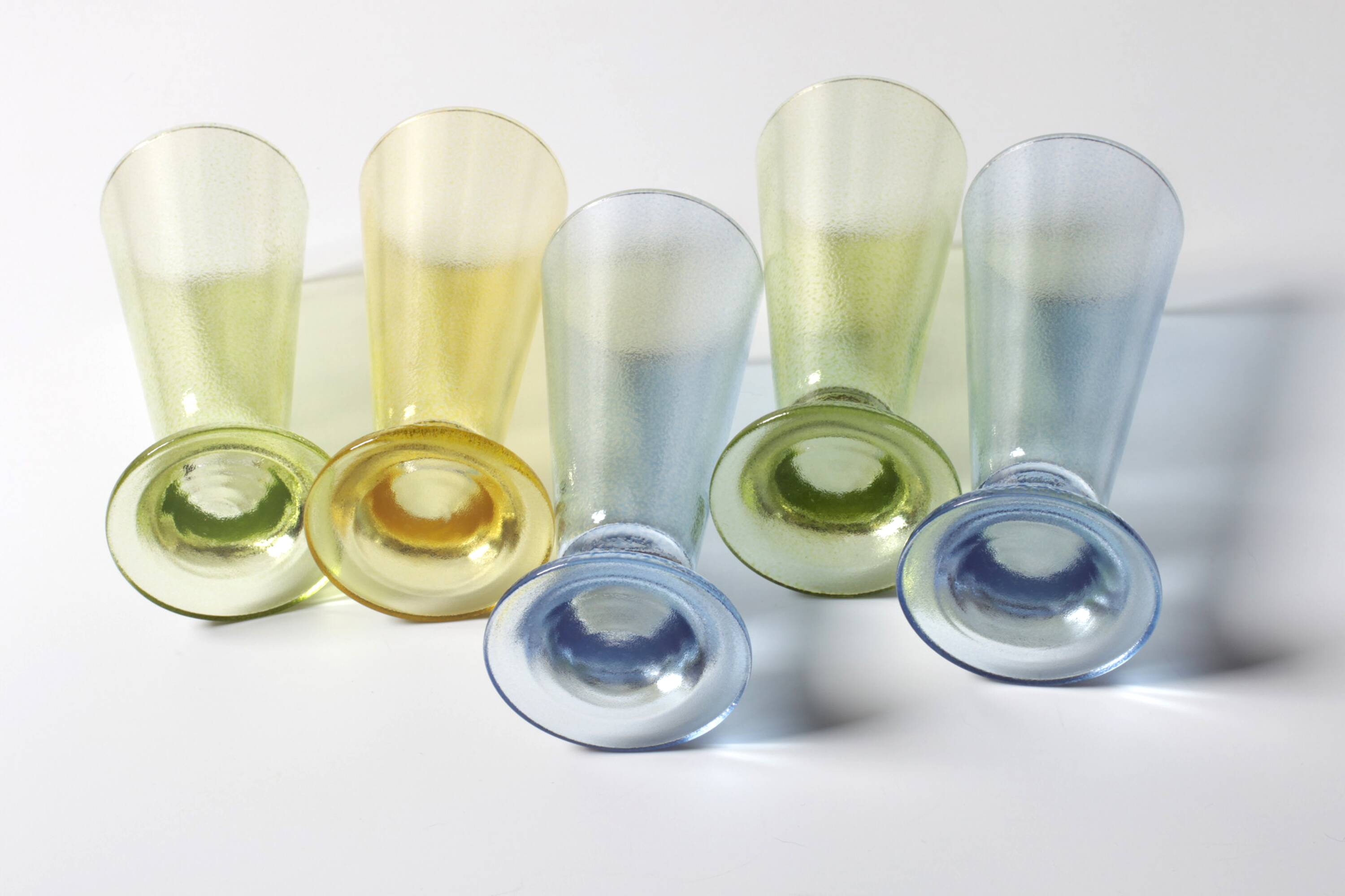 Set of 5 Colorful Yellow, Green and Blue Water Tumblers / Turkey / 2000s