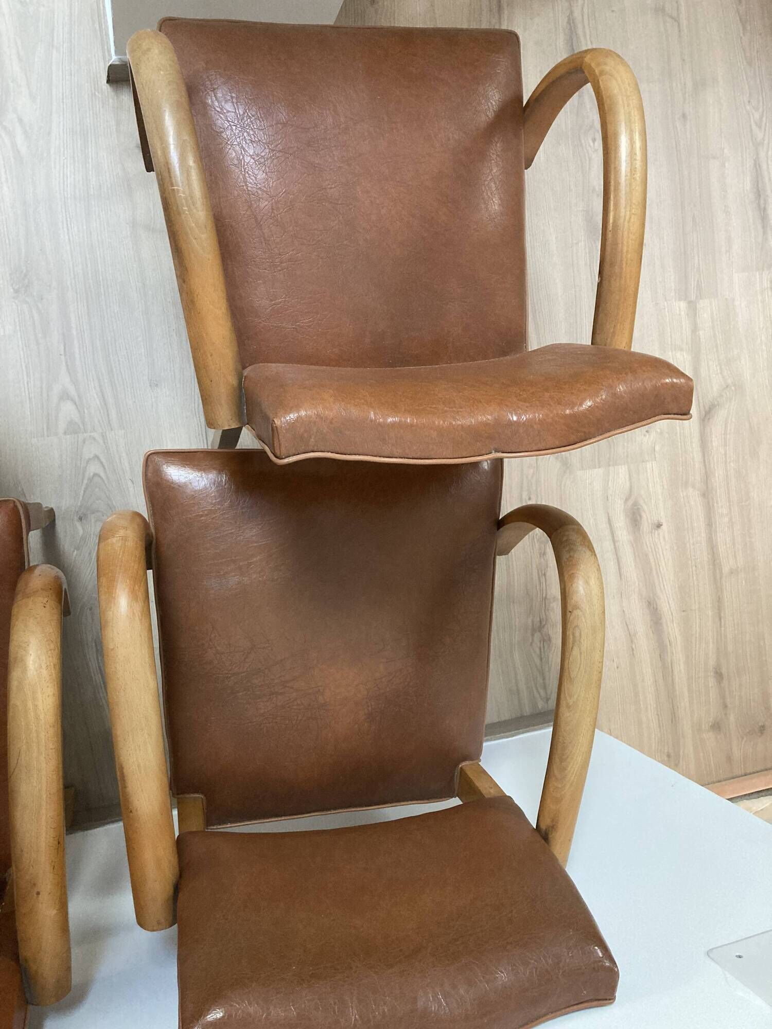 Set of 4 armchairs bridge leather and wood called "moustache" style art deco circa 1940