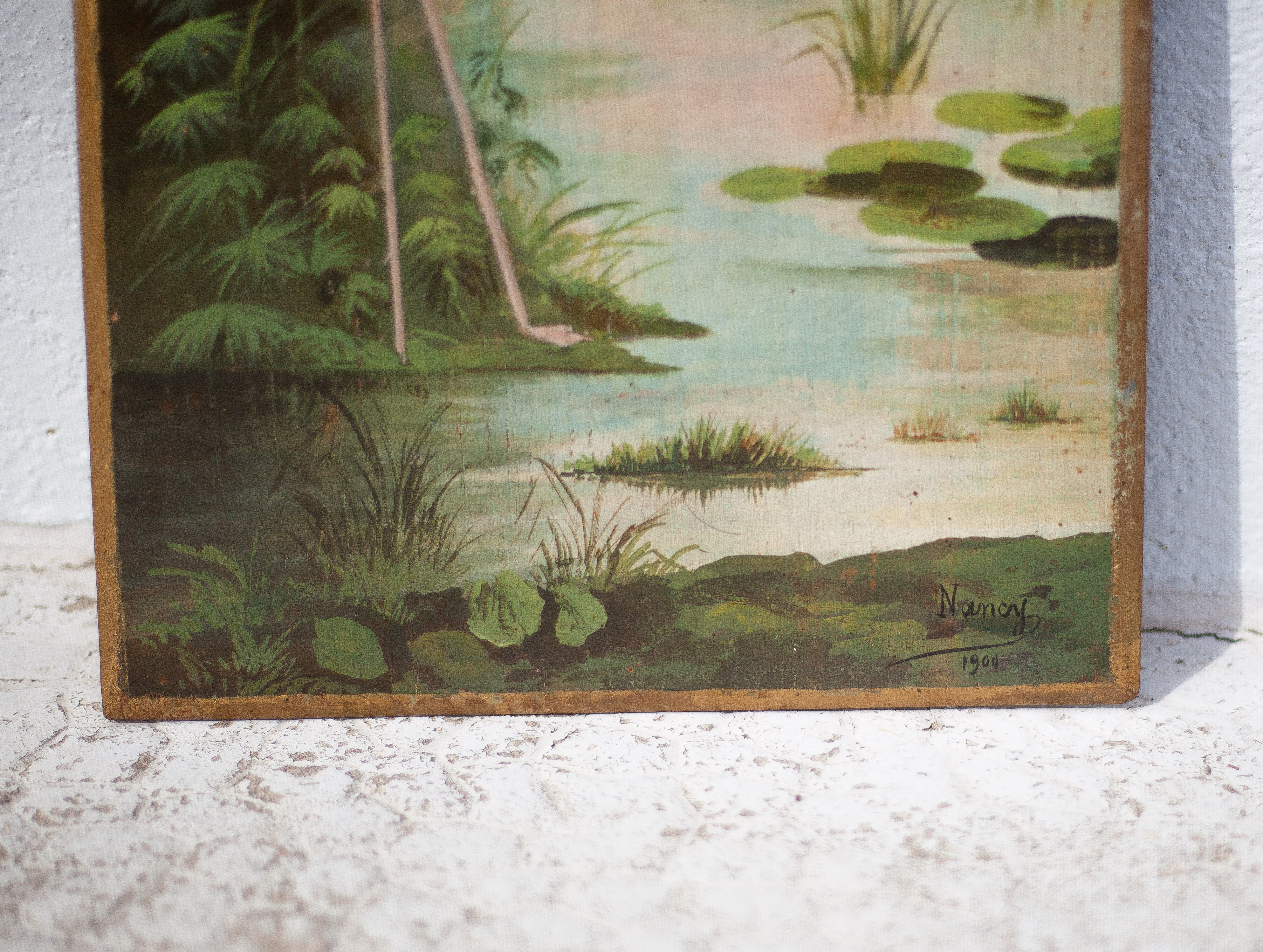 Pair of naturalistic painted wood panel signed Nancy 1900, Art Nouveau, pink flamingo bird, heron