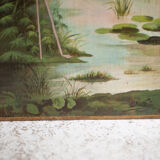 Pair of naturalistic painted wood panel signed Nancy 1900, Art Nouveau, pink flamingo bird, heron