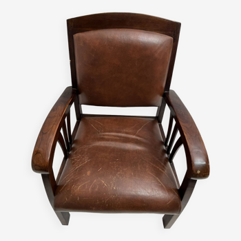 Colonial armchair in teak and leather