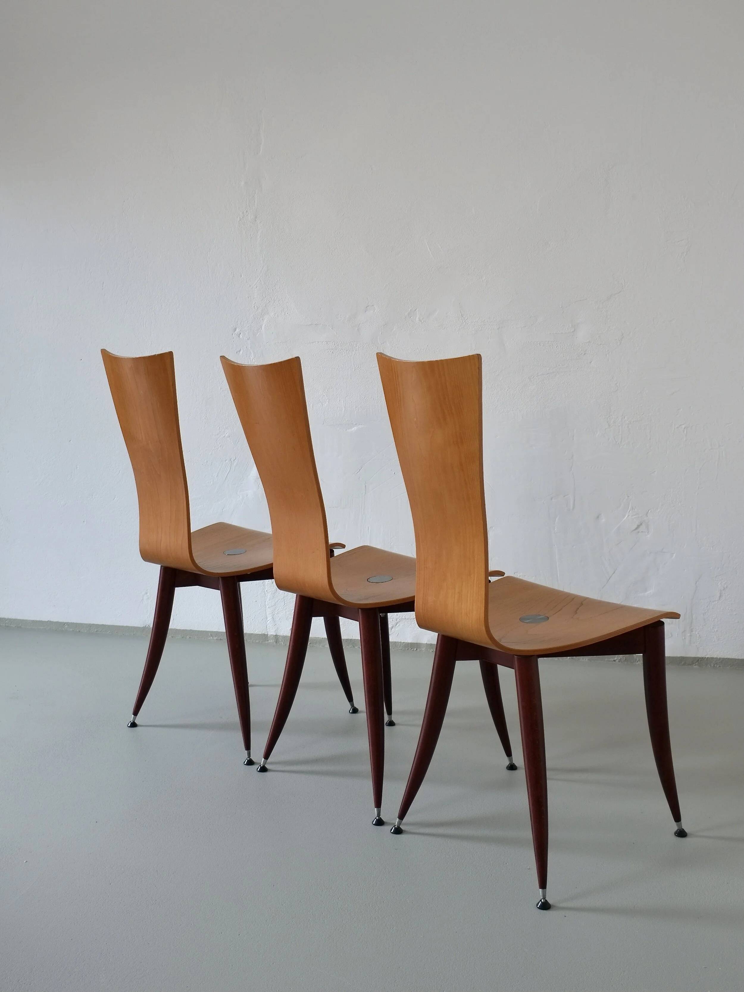 3 plywood burgundy legs chairs | Italy | 1980s