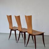 3 plywood burgundy legs chairs | Italy | 1980s