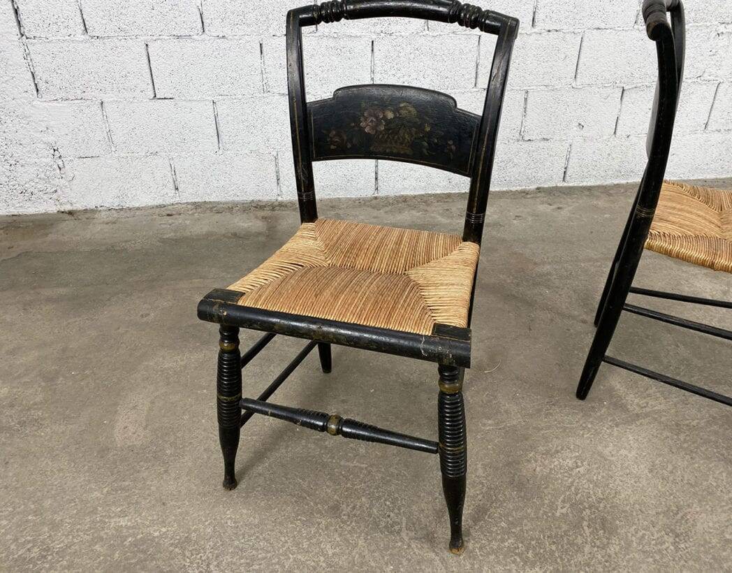 Hitchcock chairs in black wood and straw 1900s