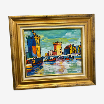 Old port of La Rochelle signed Sauvage, oil on pannel
