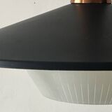 Scandinavian suspension in black metal, copper, and opal glass, 1970s design.