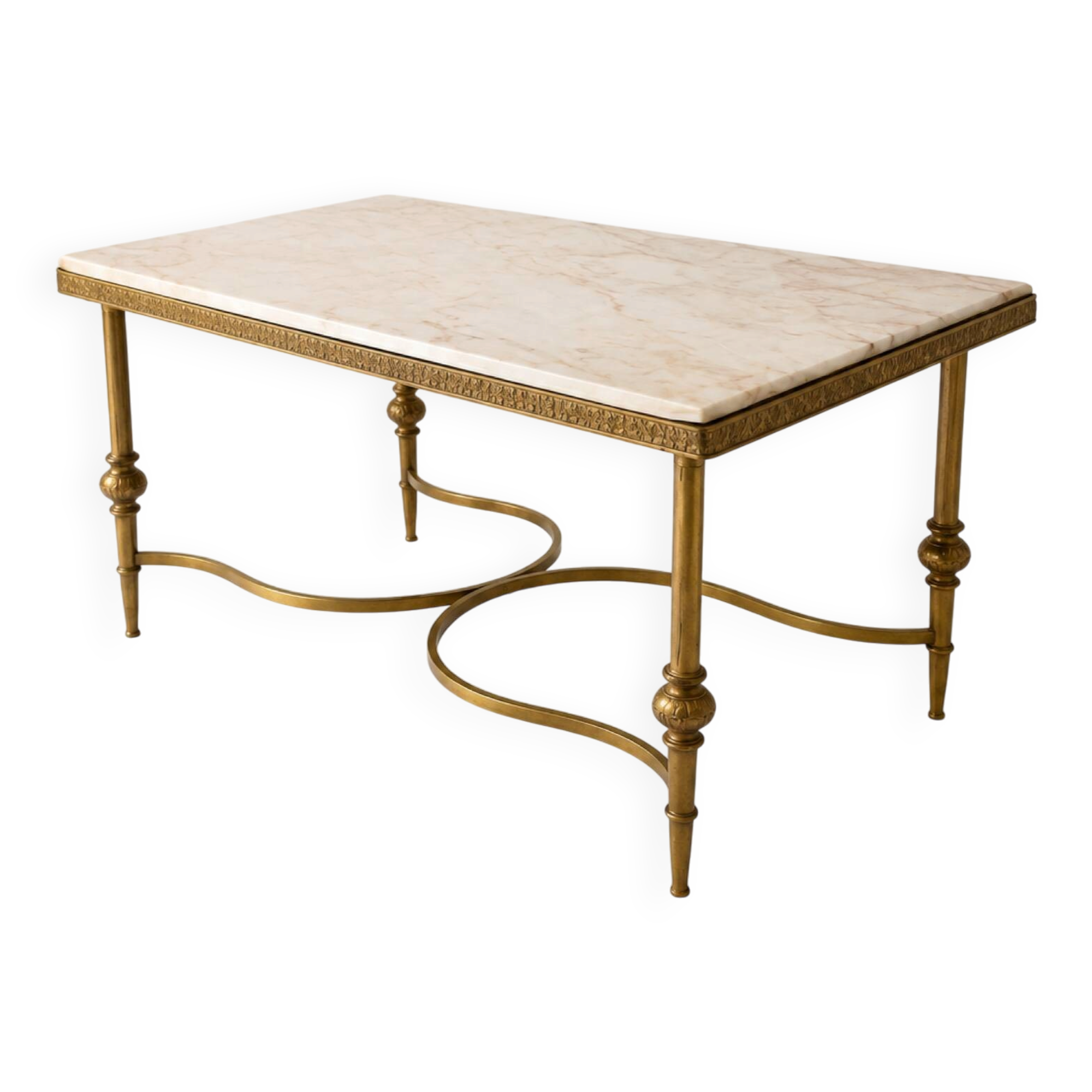 Neoclassical coffee table in gilded brass and veined marble, 1960s-70s.