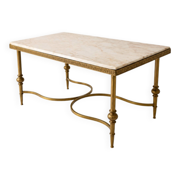 Table basse néoclassique en laiton doré et marbre veiné, années 60-70