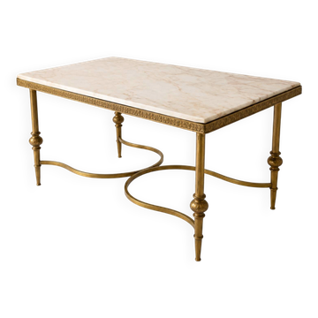 Table basse néoclassique en laiton doré et marbre veiné, années 60-70