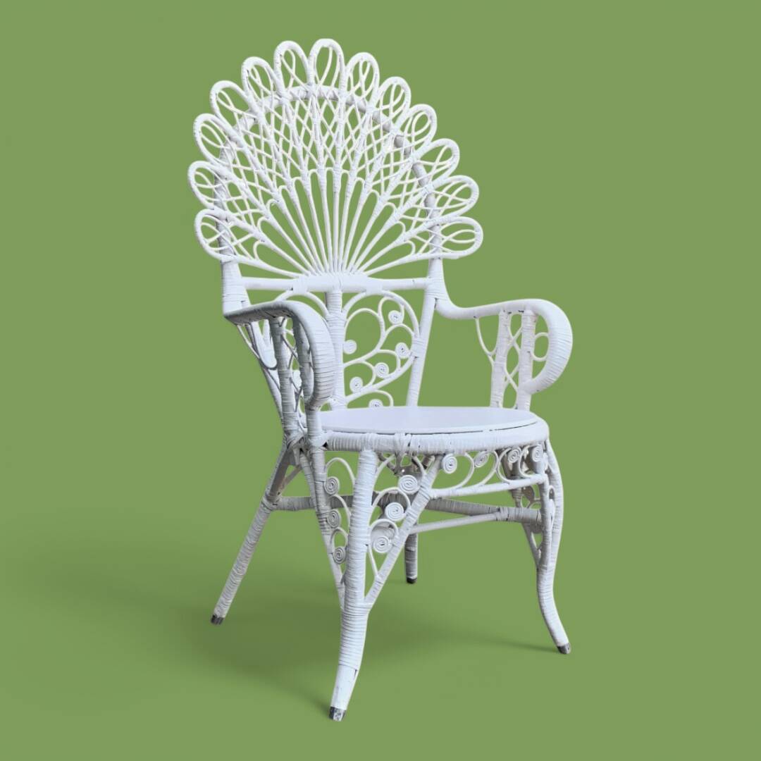 Emmanuelle Peacock white rattan armchair 1970