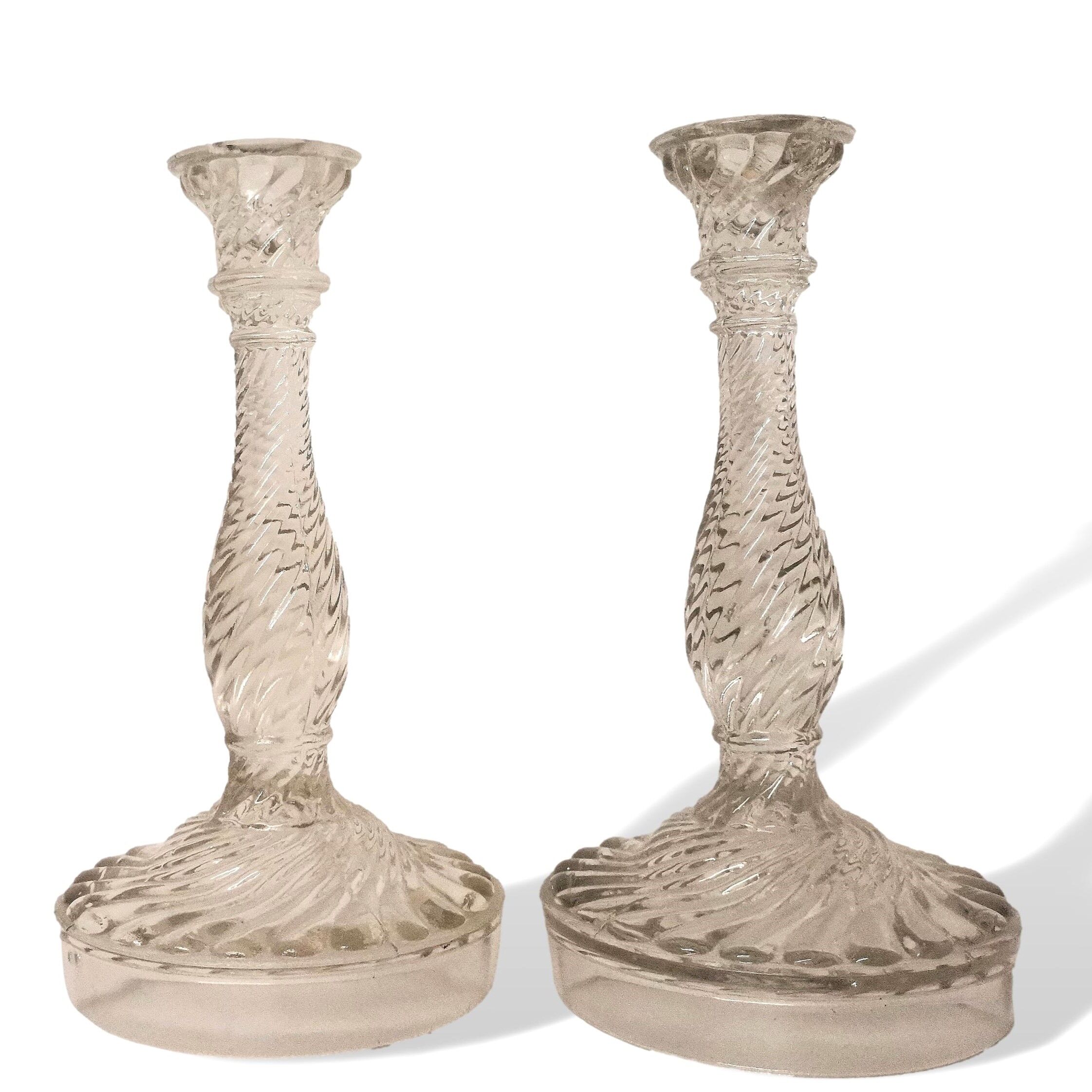 Set of 2 mid century modern clear glass candlestick candle stick holders