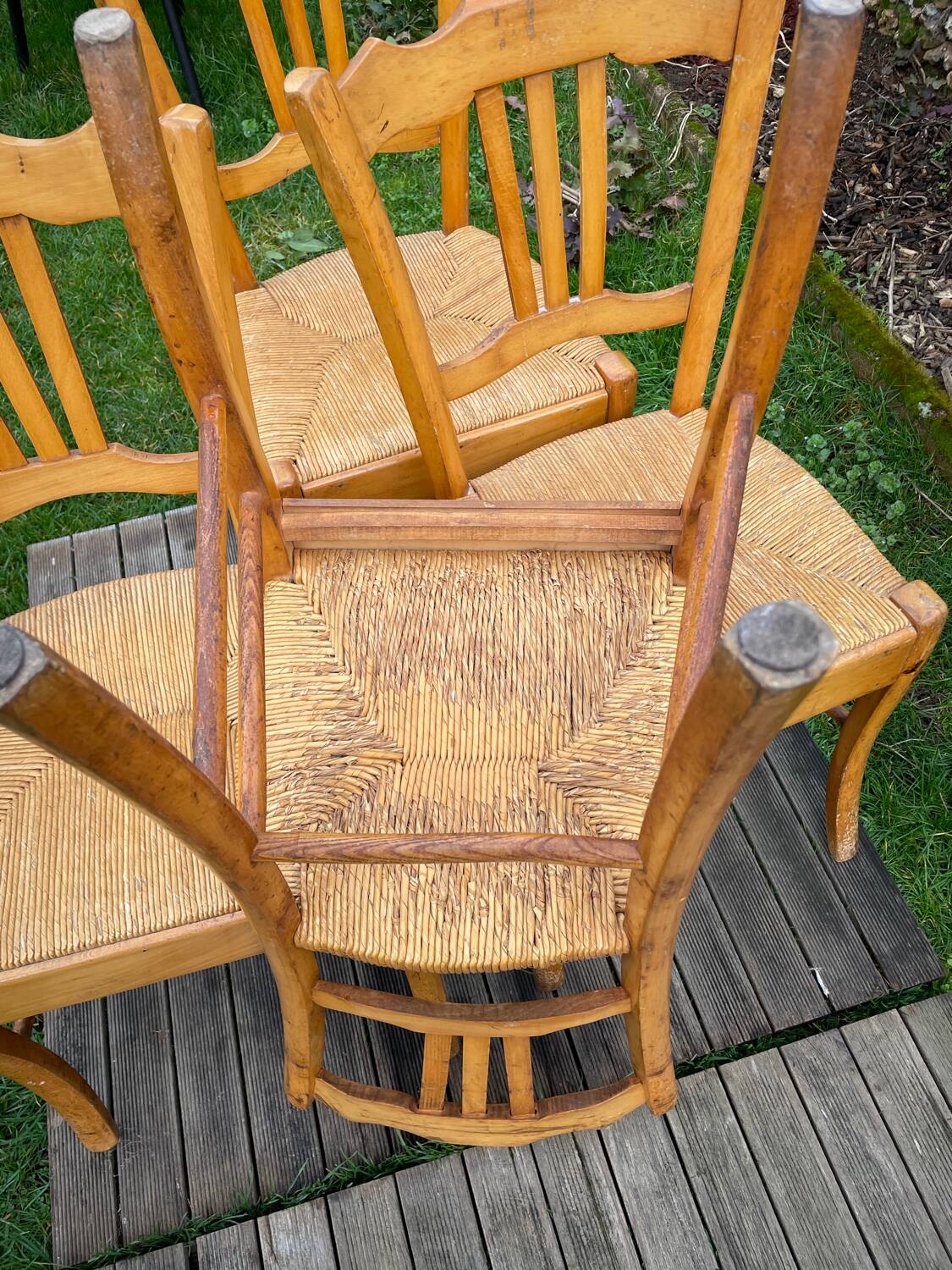 4 old blond beech straw chairs