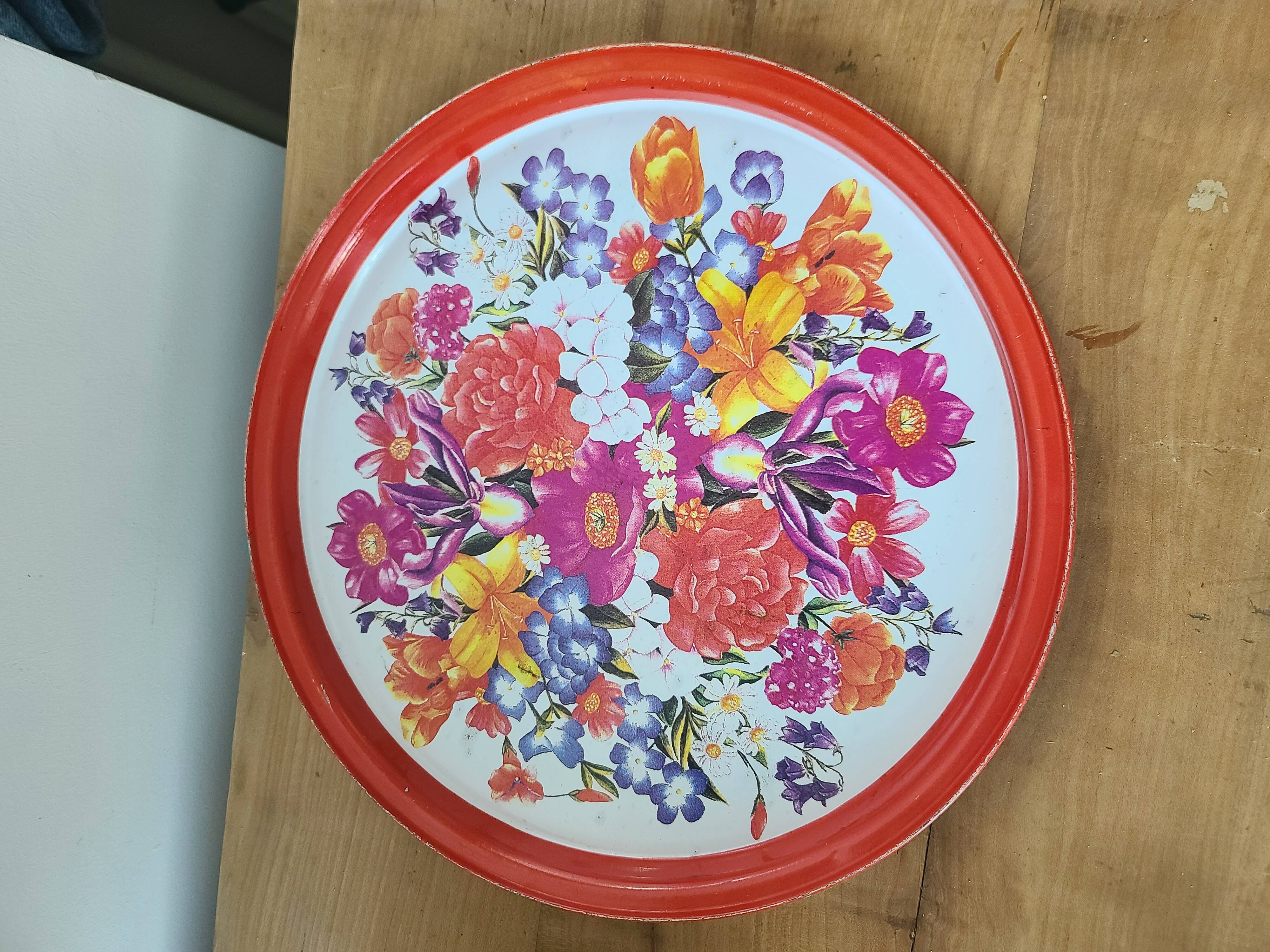 Vintage Metal Tray with Vibrant Floral Pattern