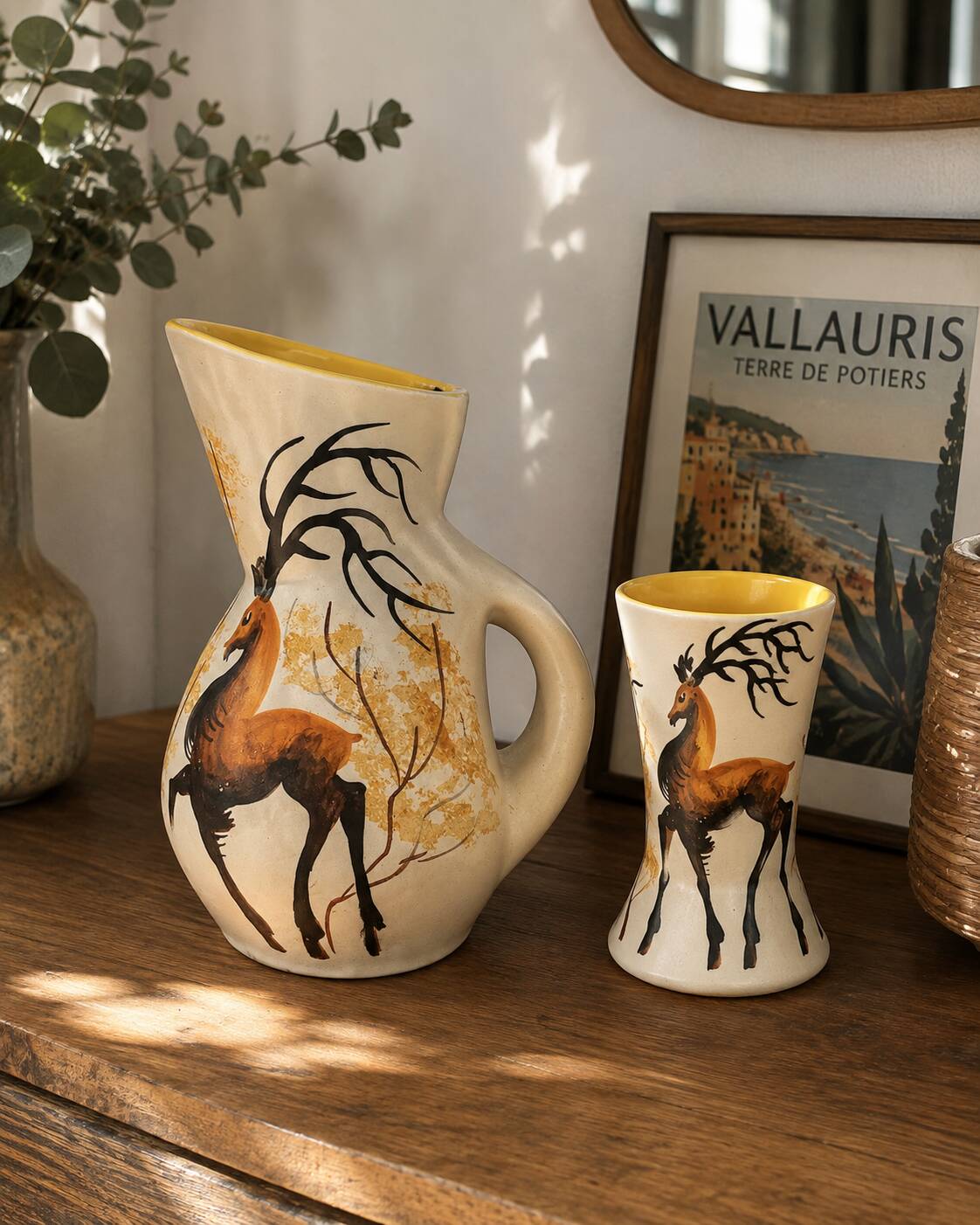 Pichet and glass Vallauris – Jacques Fonck – deer decoration