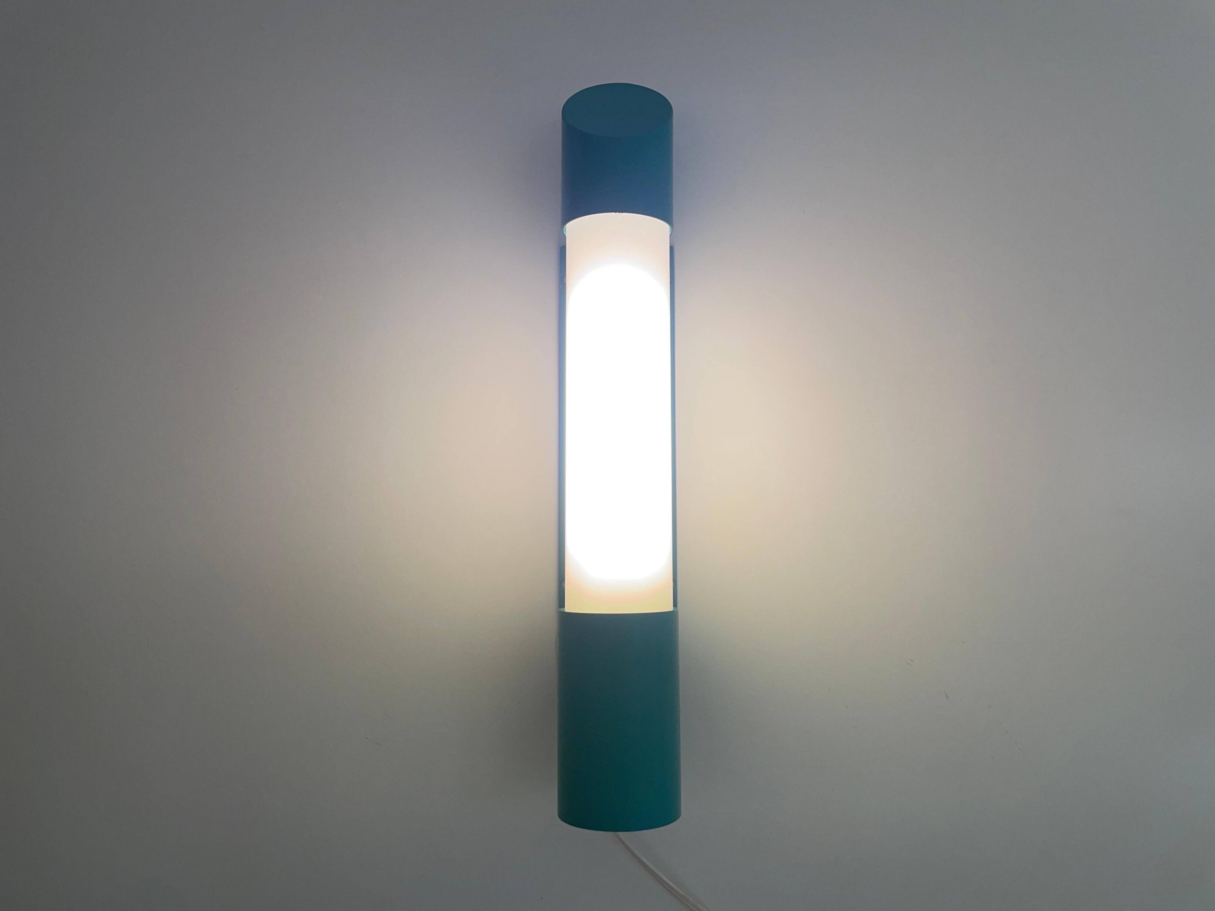 Simple cylindrical wall light in opal glass and turquoise metal, 1970s, Germany