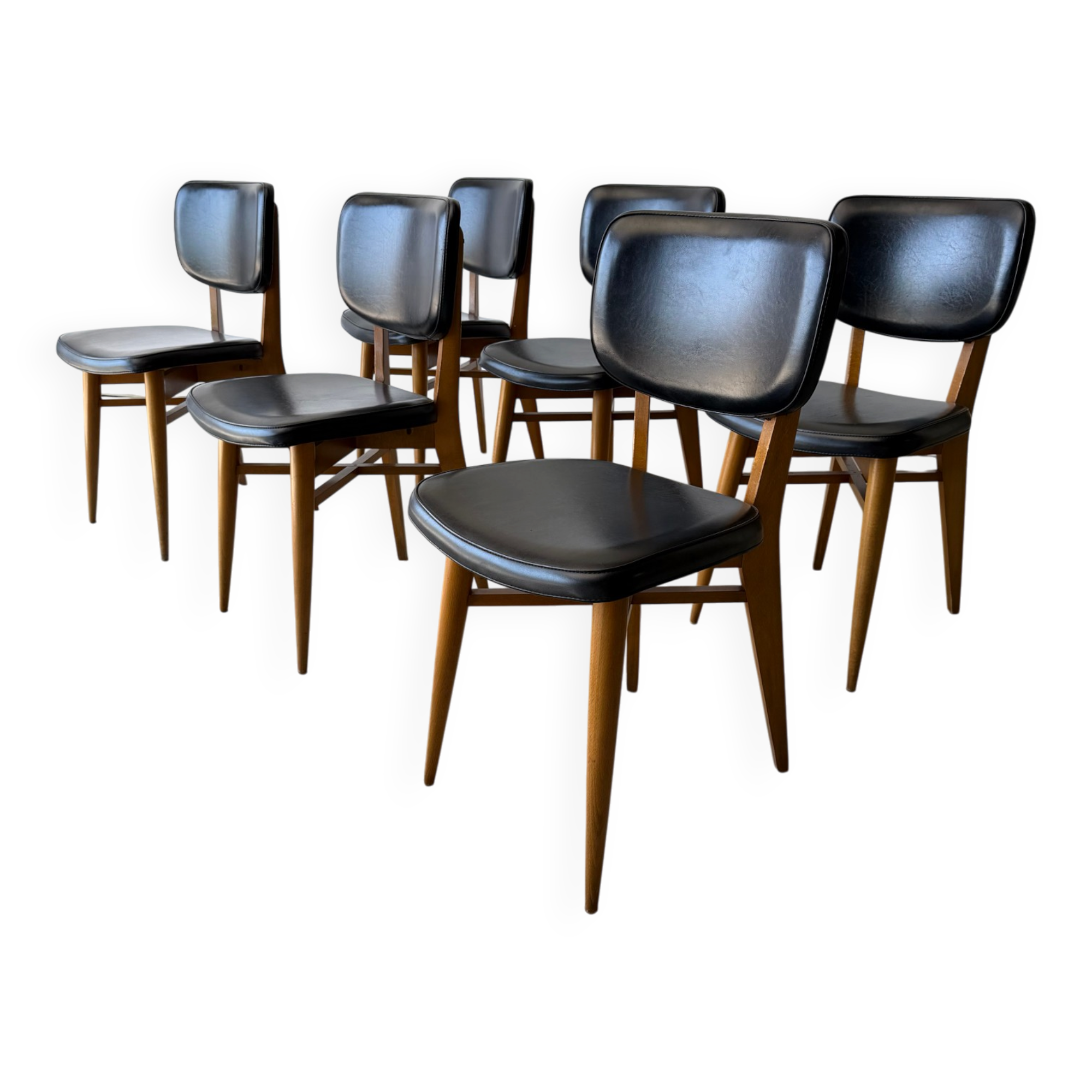 Set of 6 Scandinavian design chairs in solid beech and black Skai.