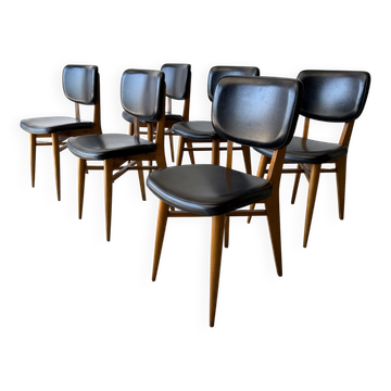 Série de 6 chaises design scandinave en hêtre massif et Skai noir