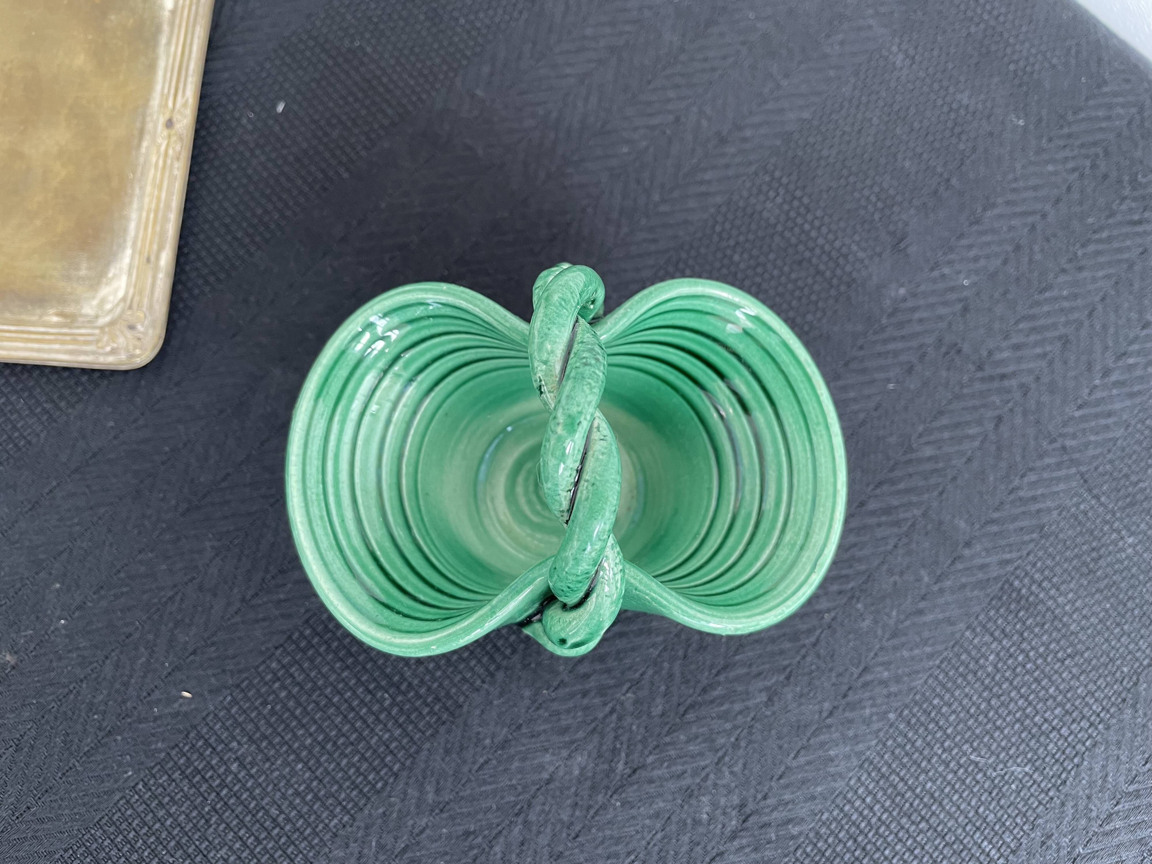 Vintage, woven basket, green, glazed earthenware, grooves, stylized, décor, French decoration, Fran