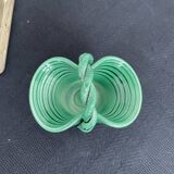 Vintage, woven basket, green, glazed earthenware, grooves, stylized, décor, French decoration, Fran