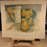 Lithographie en couleur d’André Minaux (1923-1986), nature morte, fruits