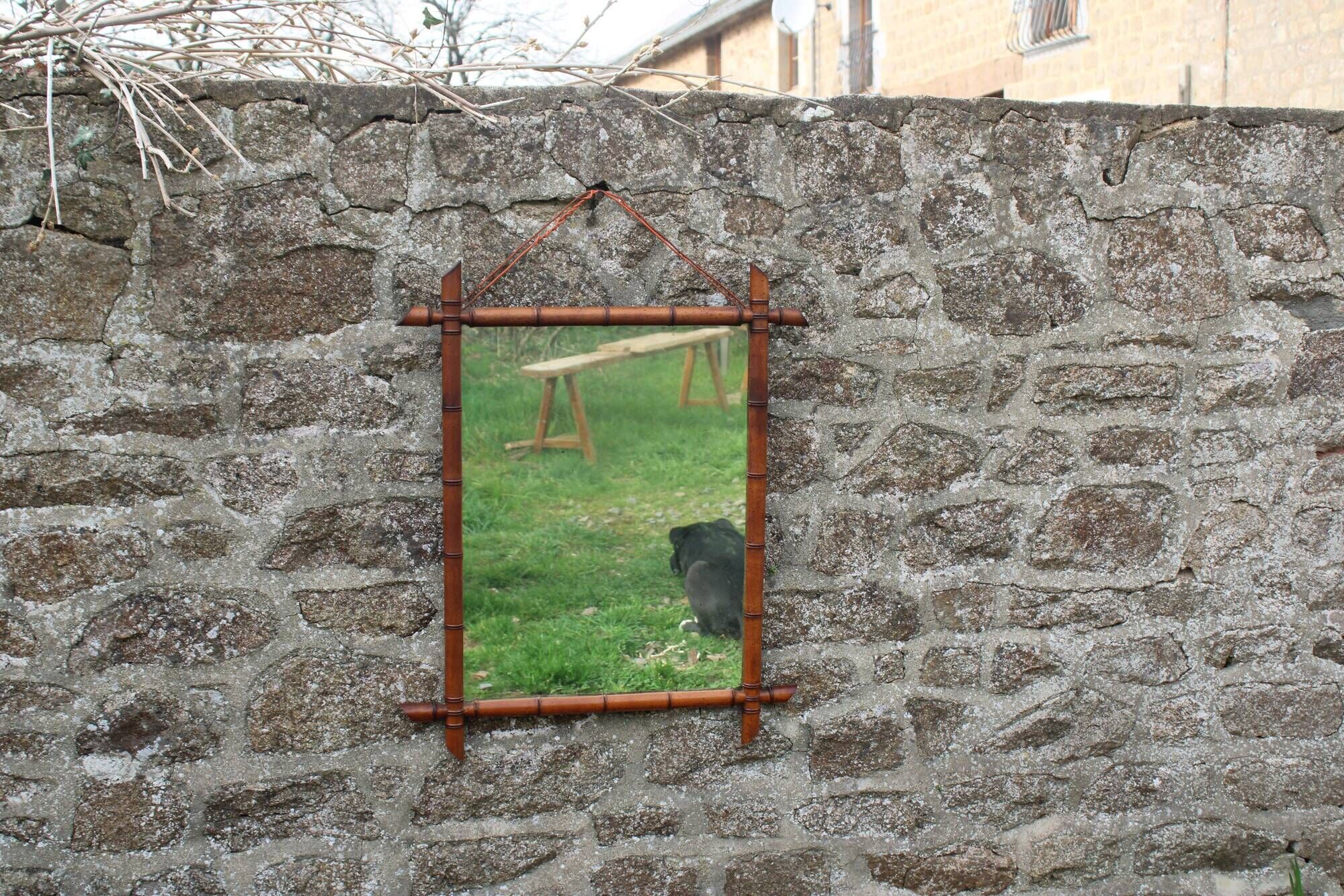 Vintage wooden turned mirror in bamboo style – 1950s/60s
