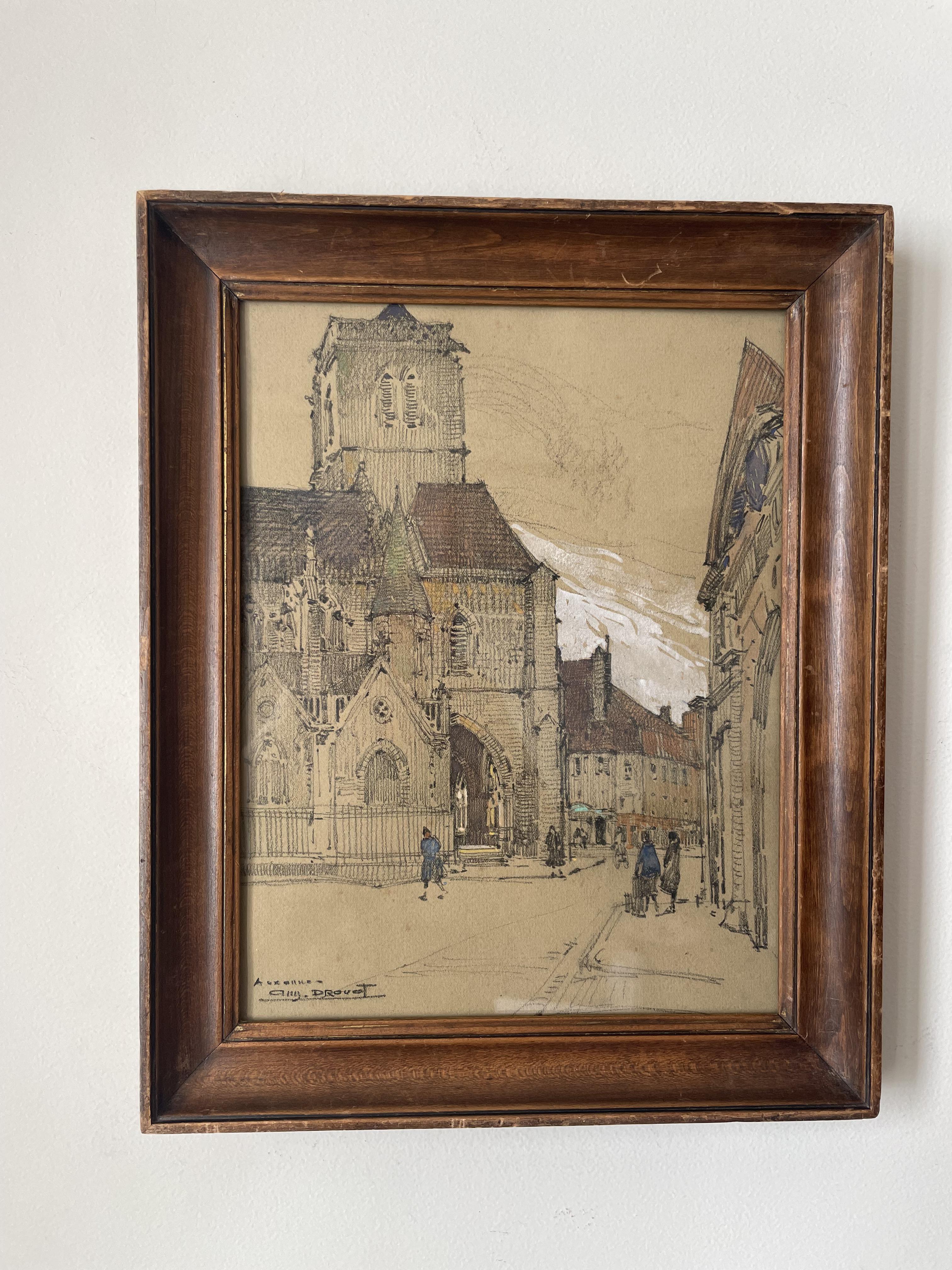 Auguste Drouot (1881- 1955) painting "The cathedral of Auxerre and its surroundings"