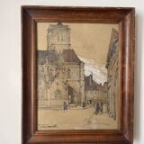 Auguste Drouot (1881- 1955) painting "The cathedral of Auxerre and its surroundings"