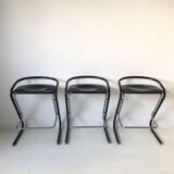 Set of three bar stools black and chrome of Thema Italy to the 1970s