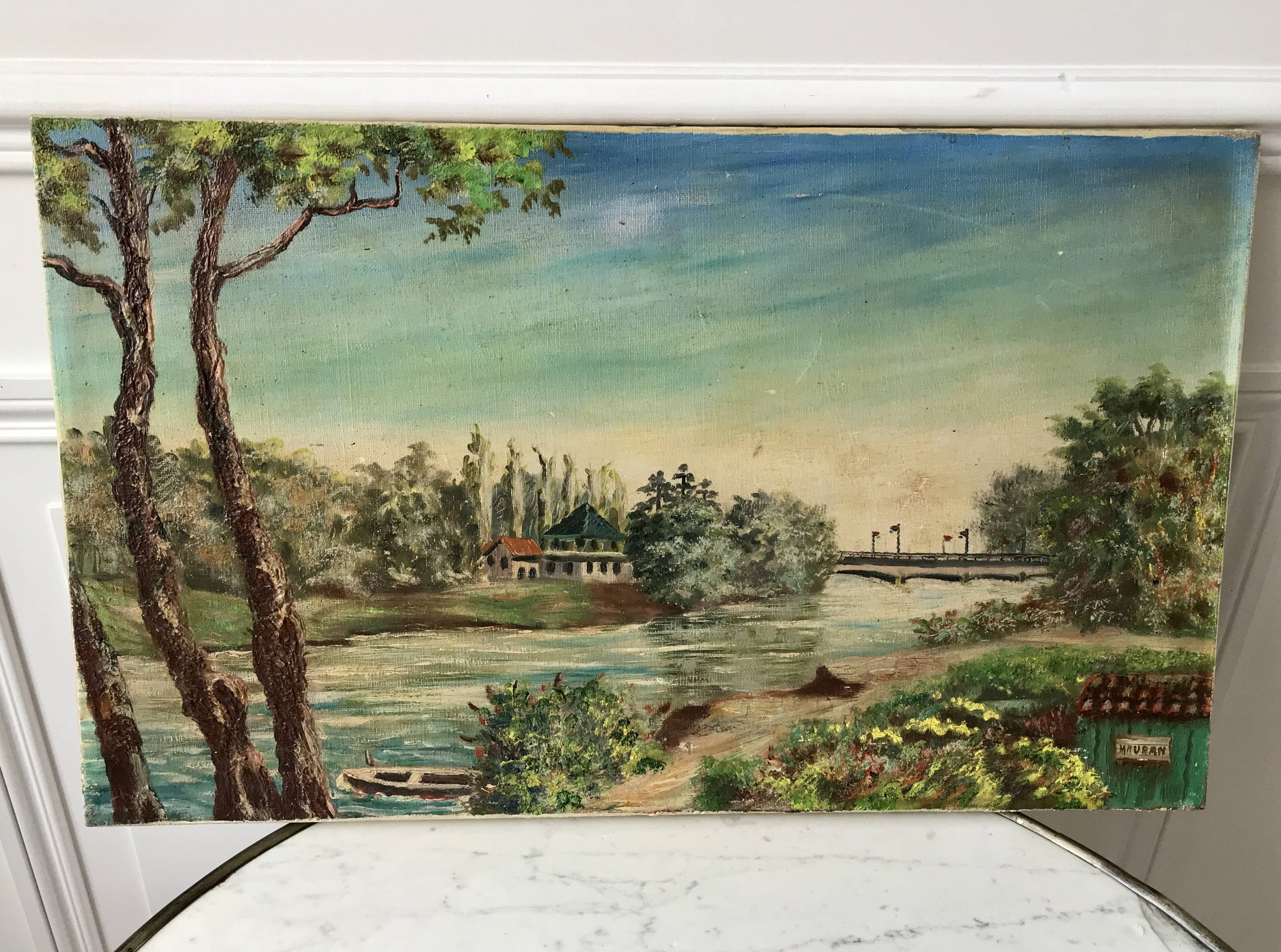 Oil painting on canvas landscape river bellerive bridge signed "morand" vinage