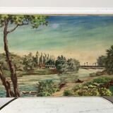 Oil painting on canvas landscape river bellerive bridge signed "morand" vinage