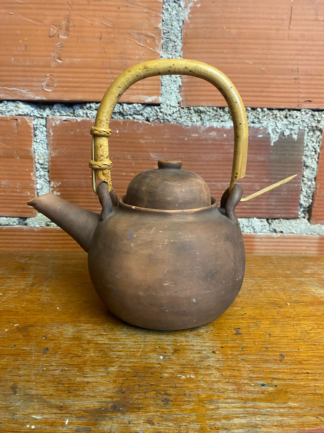 Antique terracotta teapot + bamboo handle, vintage japanese style
