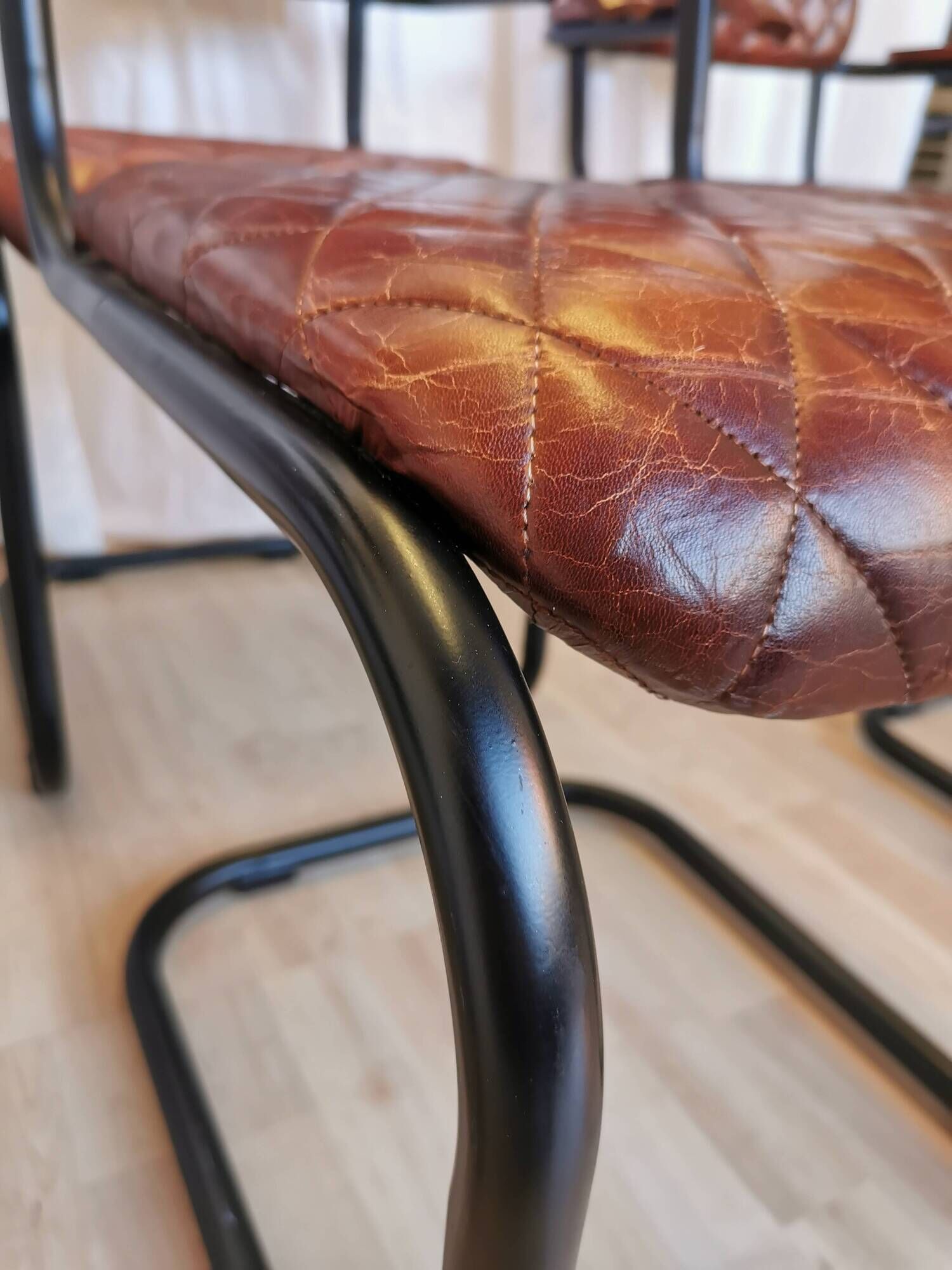Set of 6 Vintage Cognac Leather Dining Chairs: Quilted Industrial Armchair