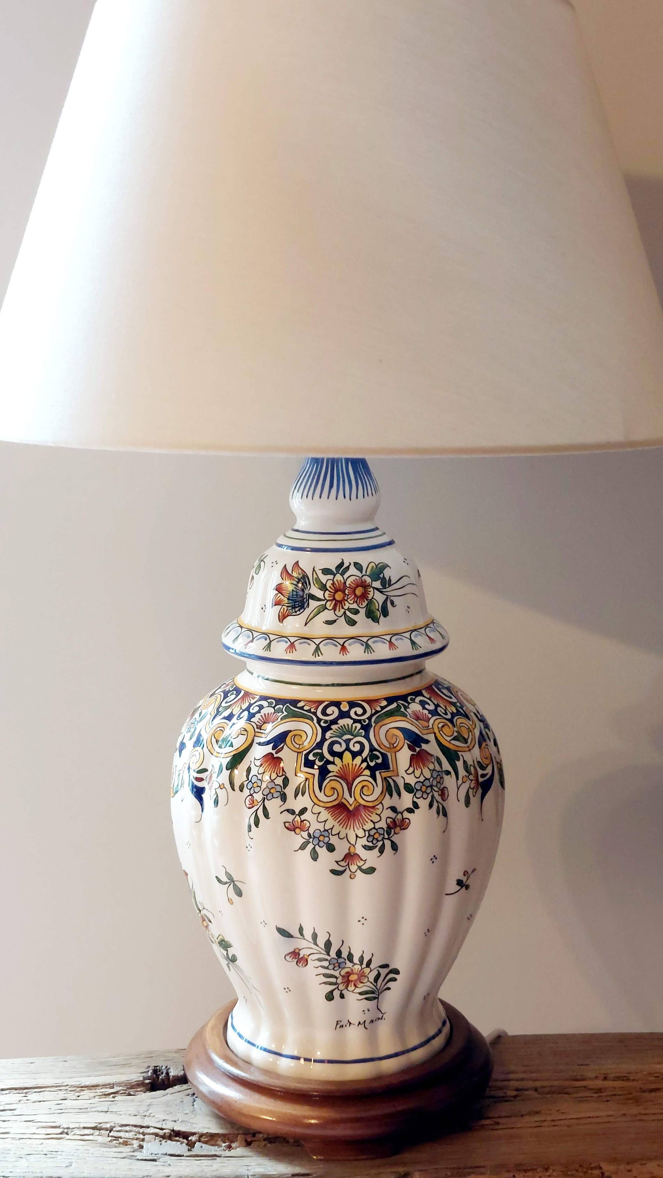 Hand-painted Rouen-style faience lamp, new artisan lampshade.