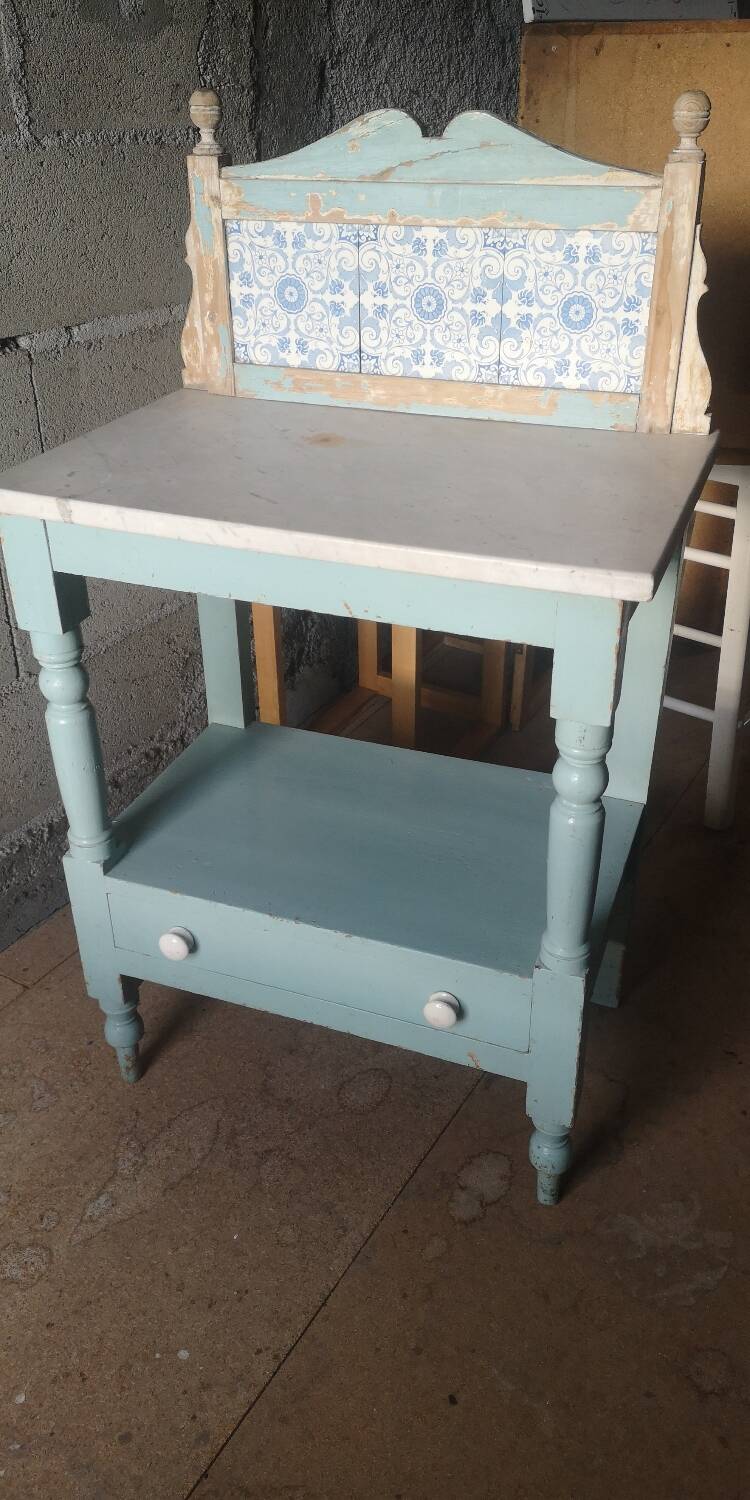 Shelf, sky blue patinated toilet console