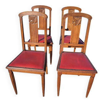 Ensemble de 4 Chaises Art Déco bois et similicuir rouge