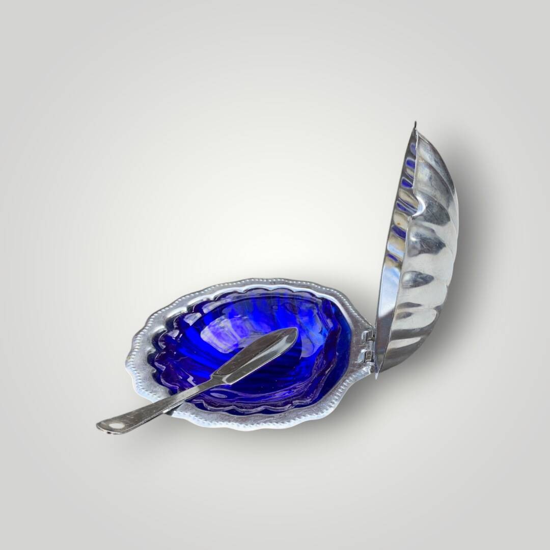 Vintage shell butter dish in stainless steel and cobalt blue glass with knife