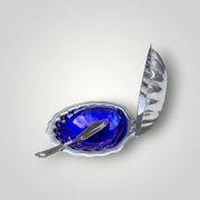 Vintage shell butter dish in stainless steel and cobalt blue glass with knife