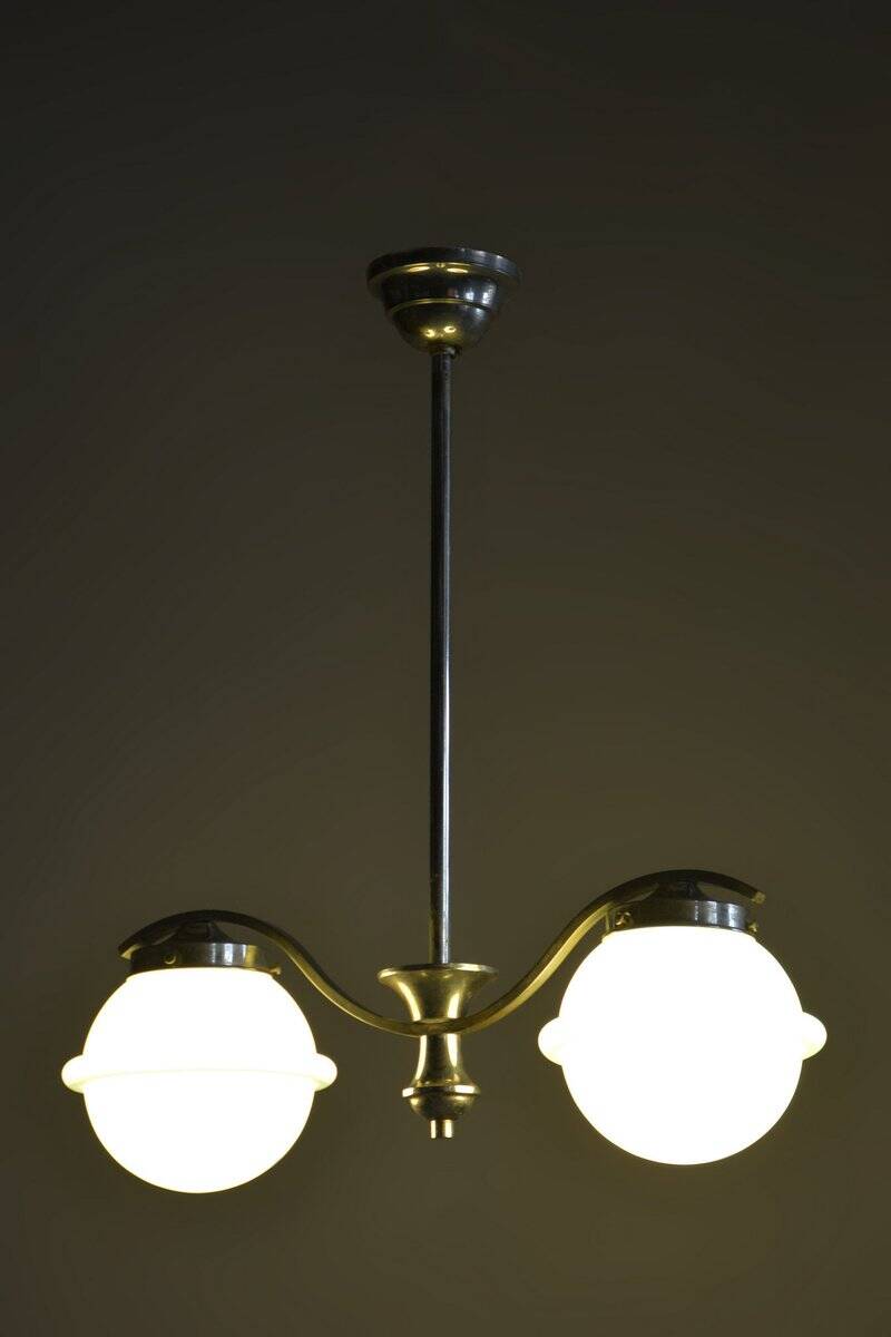 Czech Bauhaus Chandelier in Chrome-Plated Steel and Opaline Glass, 1930s