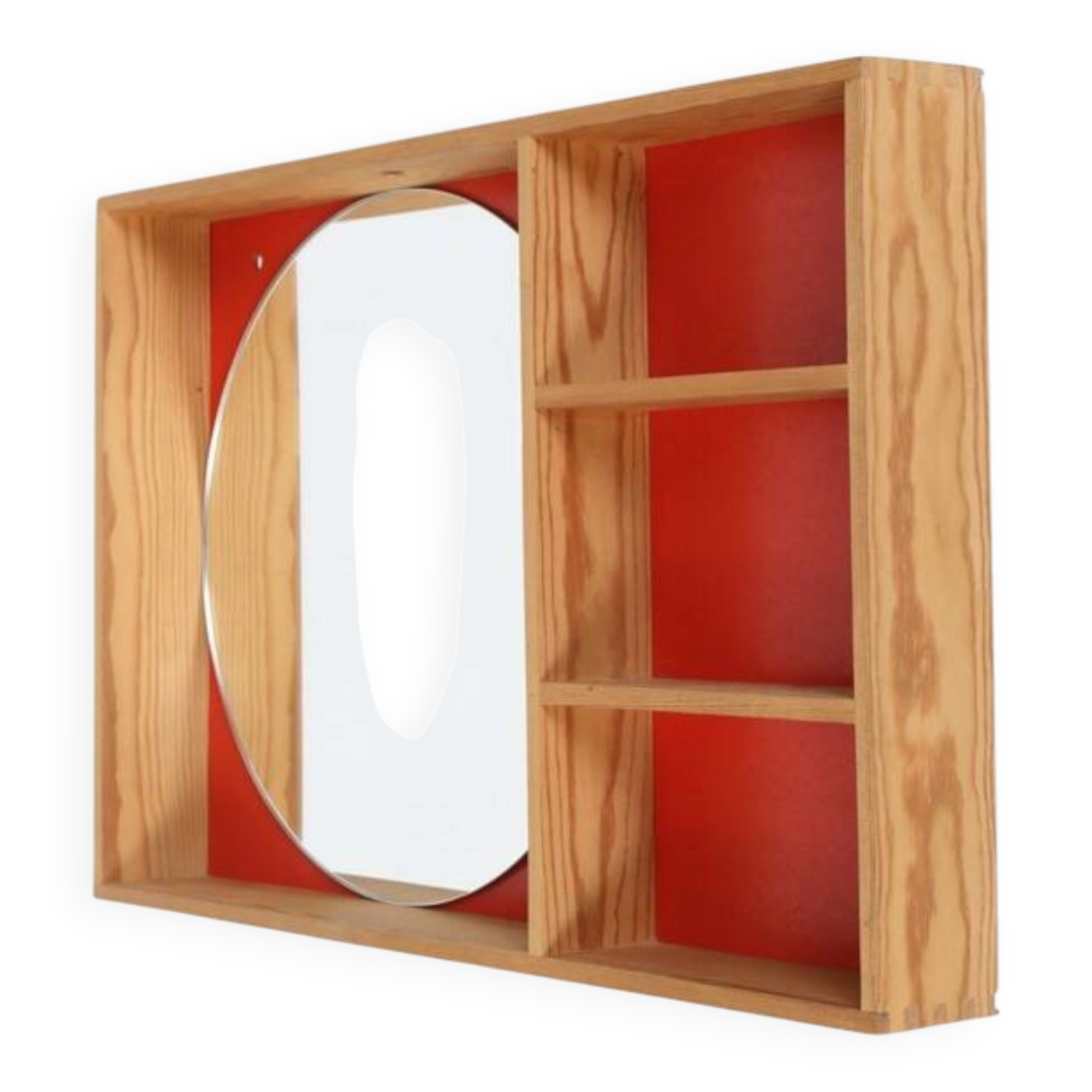 Mid-century wall shelf with mirror / 1970s / maritime pine / Danish modern design / red-orange