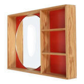 Mid-century wall shelf with mirror / 1970s / maritime pine / Danish modern design / red-orange