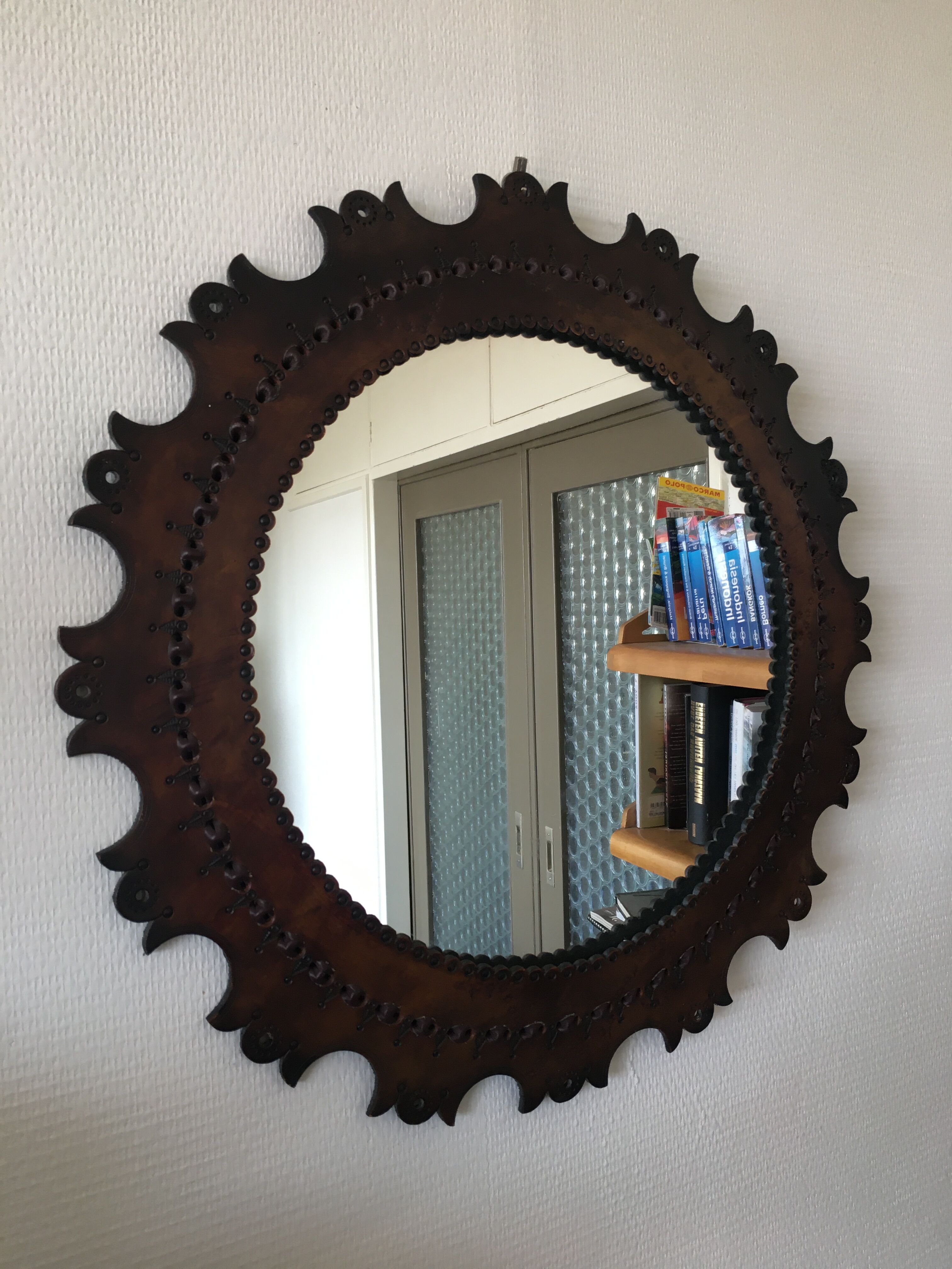Round leather mirror, 1960s