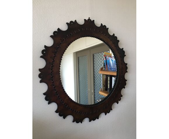 Vintage Round Mirror In Leather Frame, Large Mirror With Leather Frame