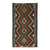 Tapis Kilim turc Yuruk vintage géométrique vert, rouge et jaune