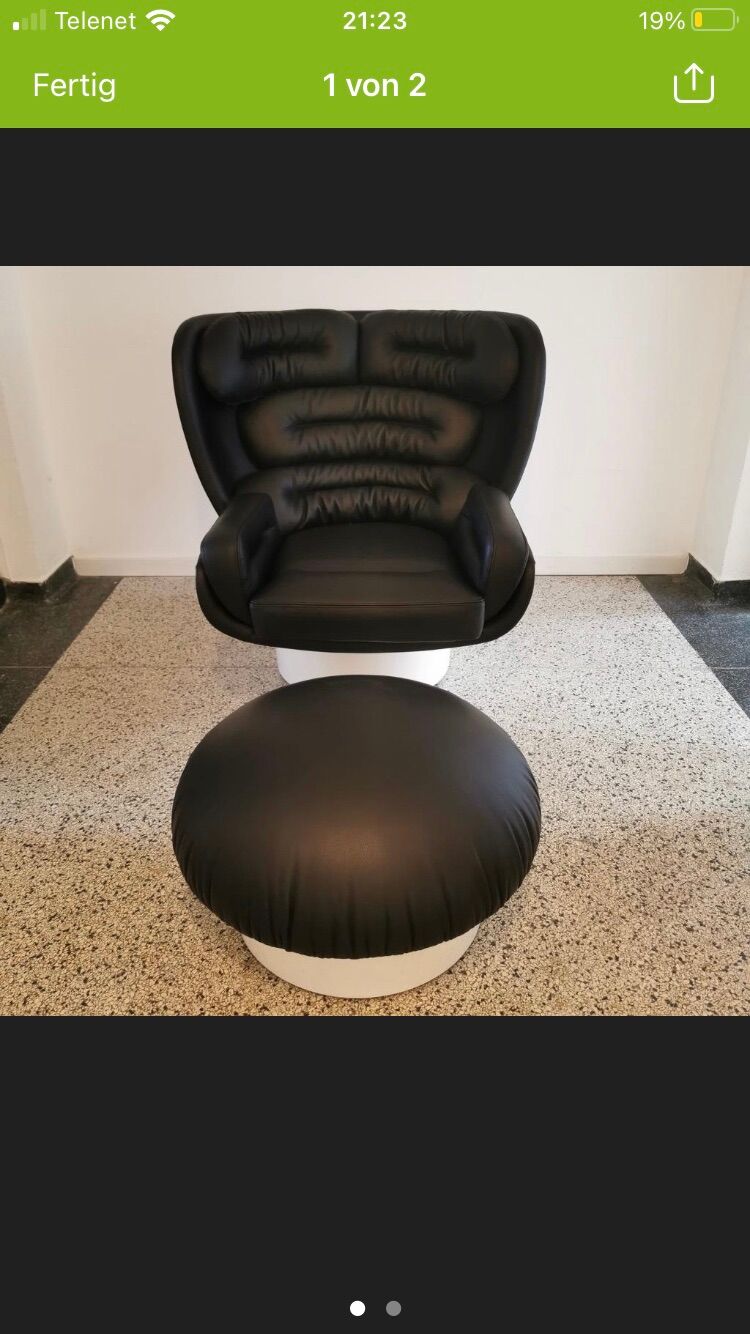Joe Colombo Elda Chair + Ottoman in Black Leather and White Fiberglass Shell