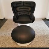 Joe Colombo Elda Chair + Ottoman in Black Leather and White Fiberglass Shell