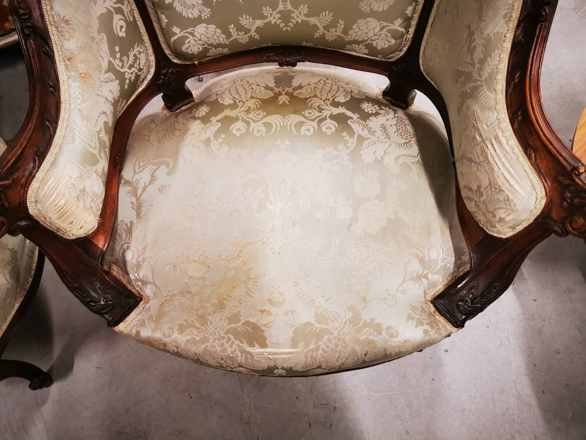 Two-seater bench + two simple armchairs + five Louis XV chairs to be reupholstered