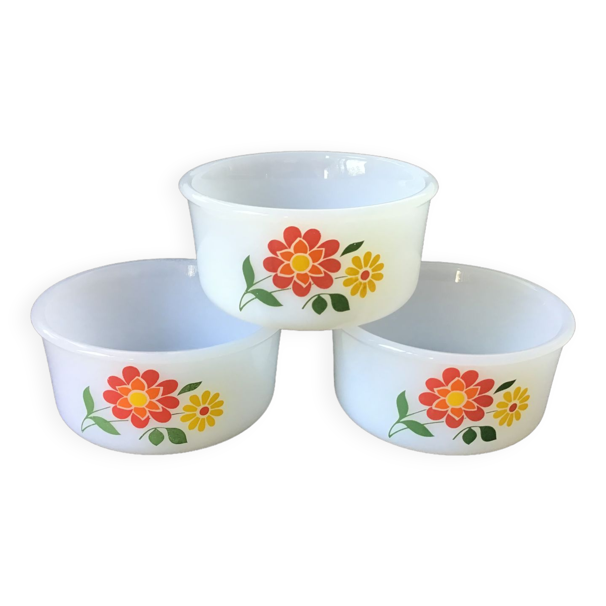 Set of 3 Arcopal ramekins, vintage décor red, orange, yellow flowers