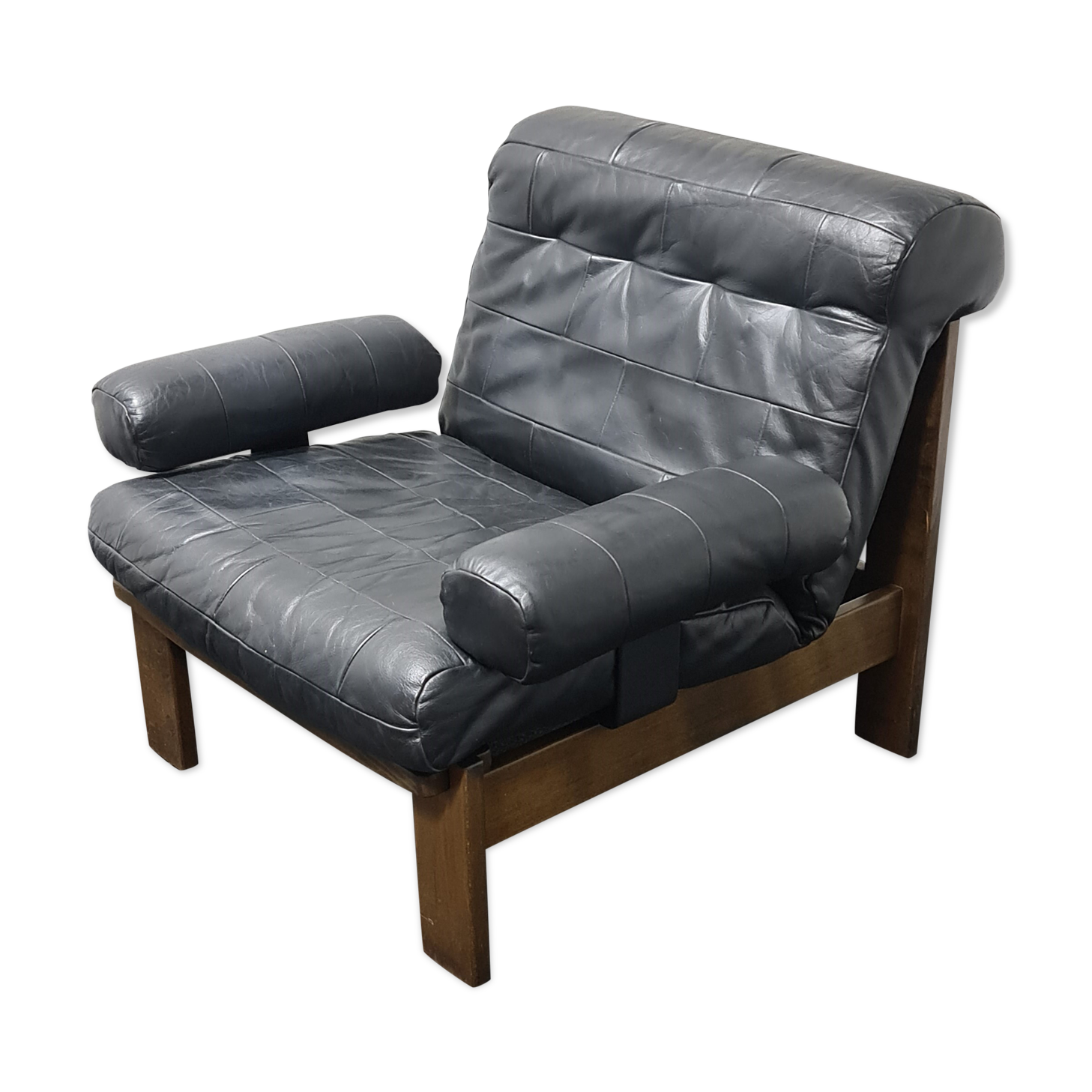 Vintage black leather patchwork and oak lounge chair