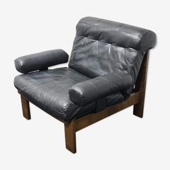 Vintage black leather patchwork and oak lounge chair