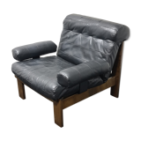 Fauteuil en cuir noir vintage en chêne